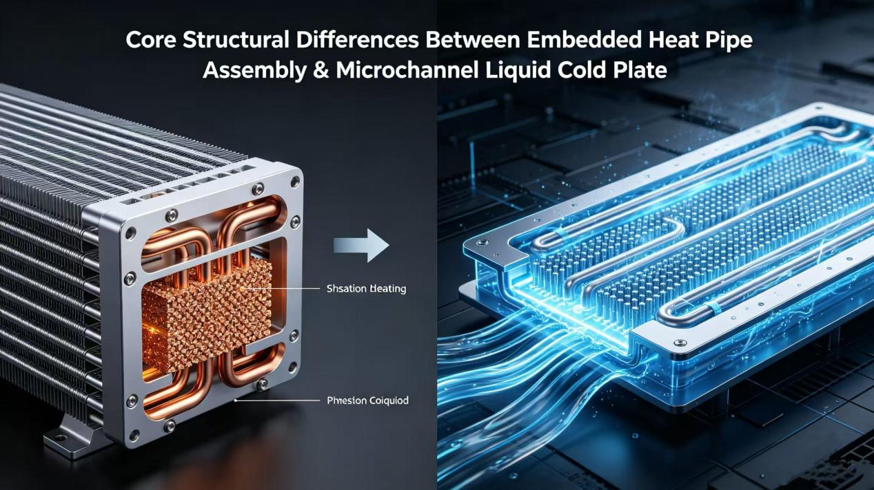 Diferencias estructurales principales entre el conjunto de tubos de calor integrados y la placa fría líquida de microcanales en la disipación térmica híbrida pasiva-activa